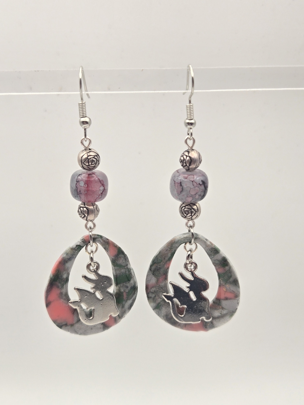 #493- Handmade Pink and Green Teardrop Earrings with Silver Dragon Charm